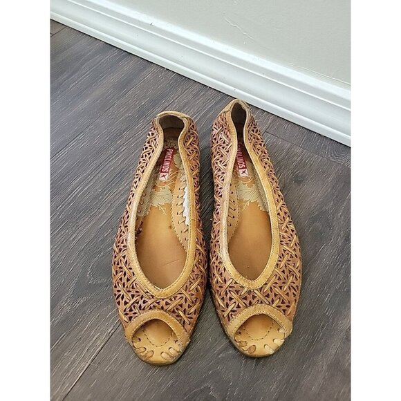 Pikolinos Relax Cutout Camel Brown Leather Peep Toe Flats Sz EU 36 US 5.5 - 6‎ - Picture 1 of 8